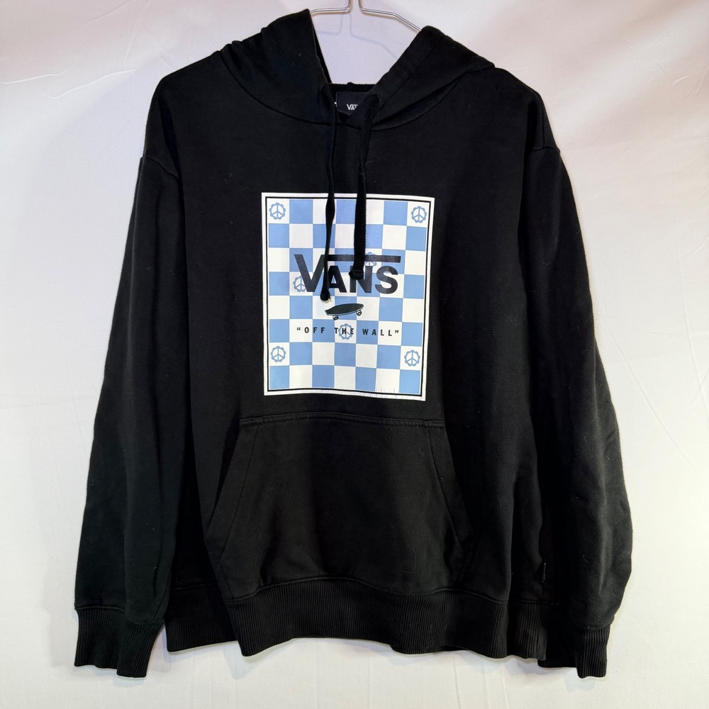 Vans Off The Wall Mens Small Black Hoodie Checkerboard Peace Sign Graphic Logo